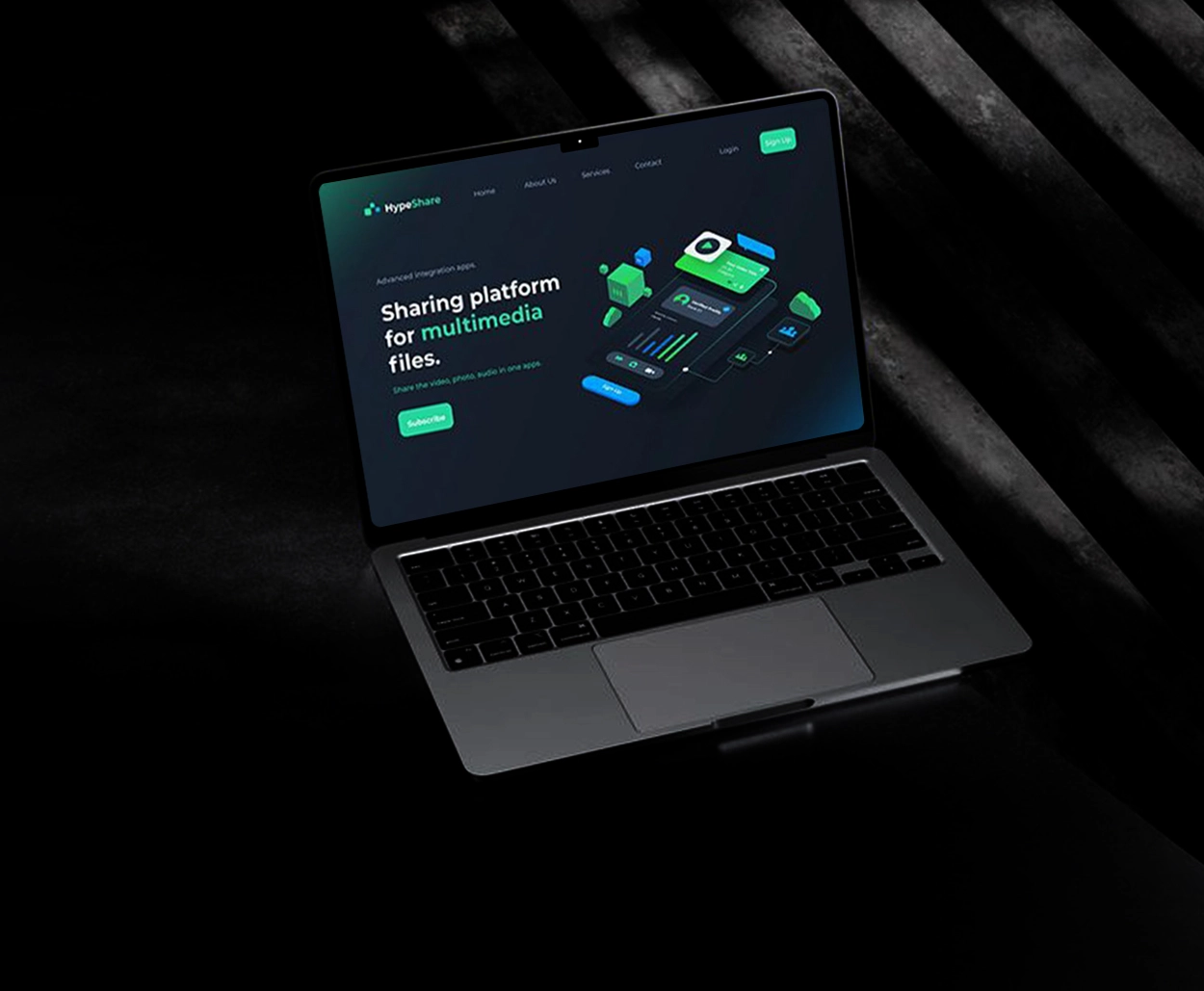 Laptop displaying HypeShare’s modern web interface for multimedia file sharing, featuring a sleek dark theme with 3D graphics and green-blue gradients.