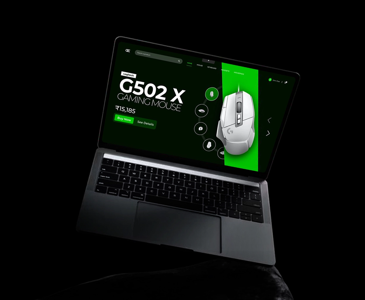 Laptop displaying a sleek black and neon-green eCommerce interface for the Logitech G502 X gaming mouse, emphasizing product visuals and pricing.