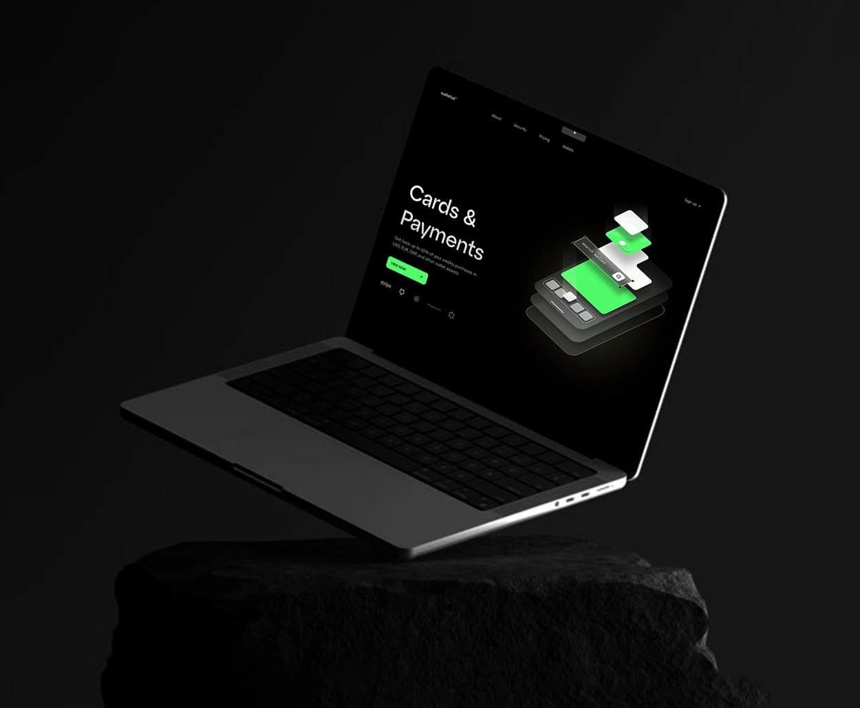 Laptop displaying a sleek dark-mode financial dashboard with a “Cards & Payments” interface, showcasing a 3D layered card illustration in neon green on a black background.
