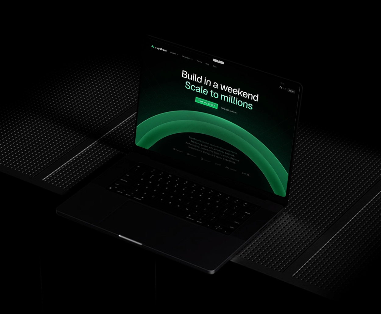 Laptop displaying Supabase interface with the tagline “Build in a weekend. Scale to millions.” on a dark futuristic background with glowing green arcs.