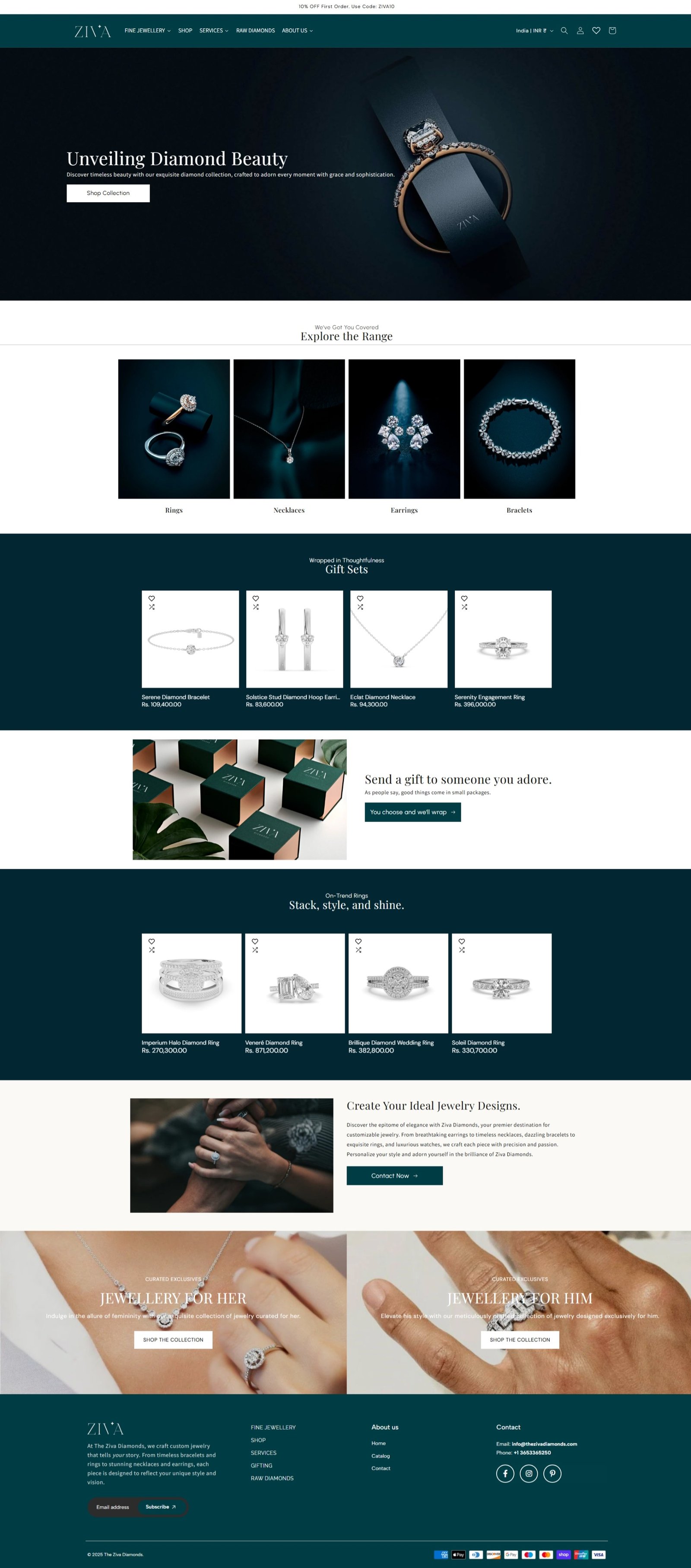 Luxury jewellery eCommerce website design for Ziva Diamonds by Thinkster, showcasing premium diamond rings, necklaces, and bracelets with an elegant modern interface.