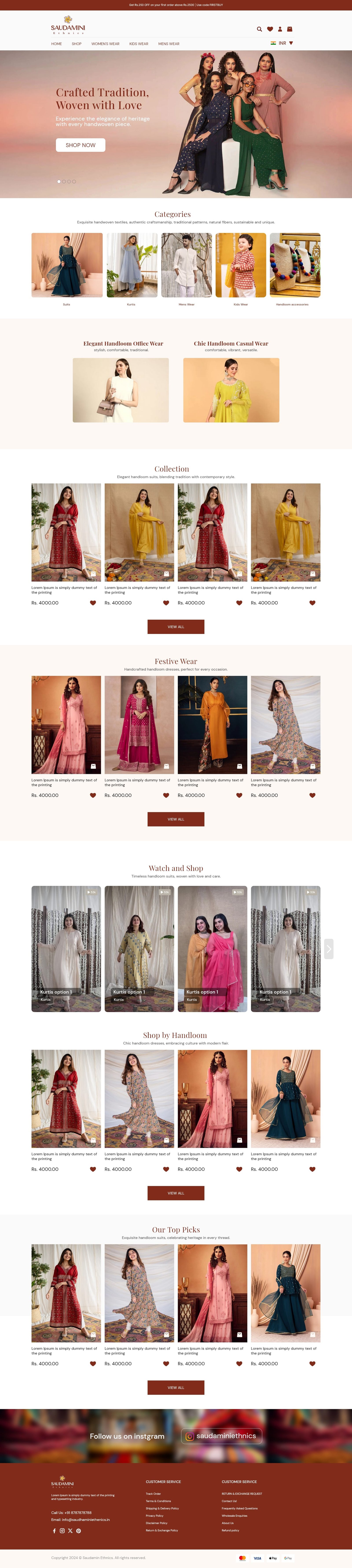 Homepage design for Saudamini, a handloom-based ethnic wear and gifting brand