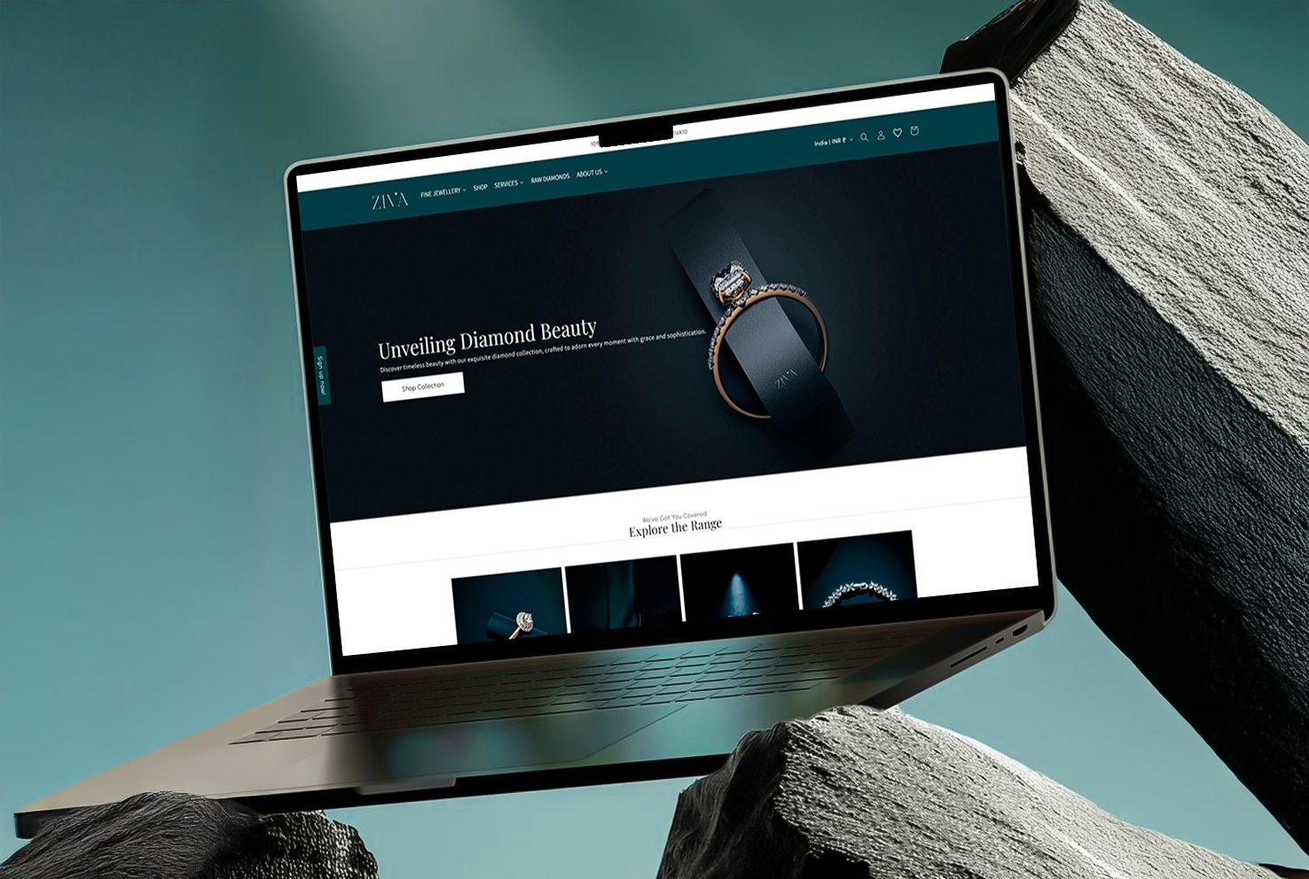 Luxury jewellery website design by Thinkster, showcasing the Ziva Diamonds online store with elegant UI, premium product photography, and refined black-and-gold aesthetics.