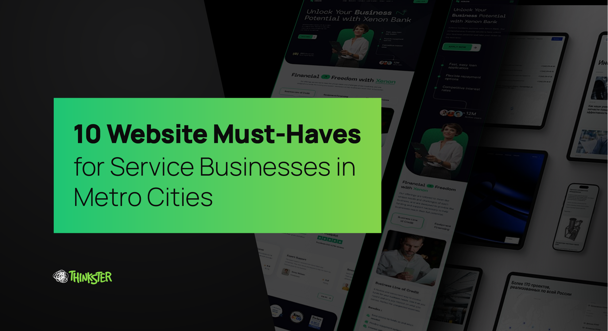 Thinkster creative banner titled “10 Website Must-Haves for Service Businesses in Metro Cities,” featuring sleek web design mockups that represent optimized, mobile-first, and conversion-driven websites for urban service brands.