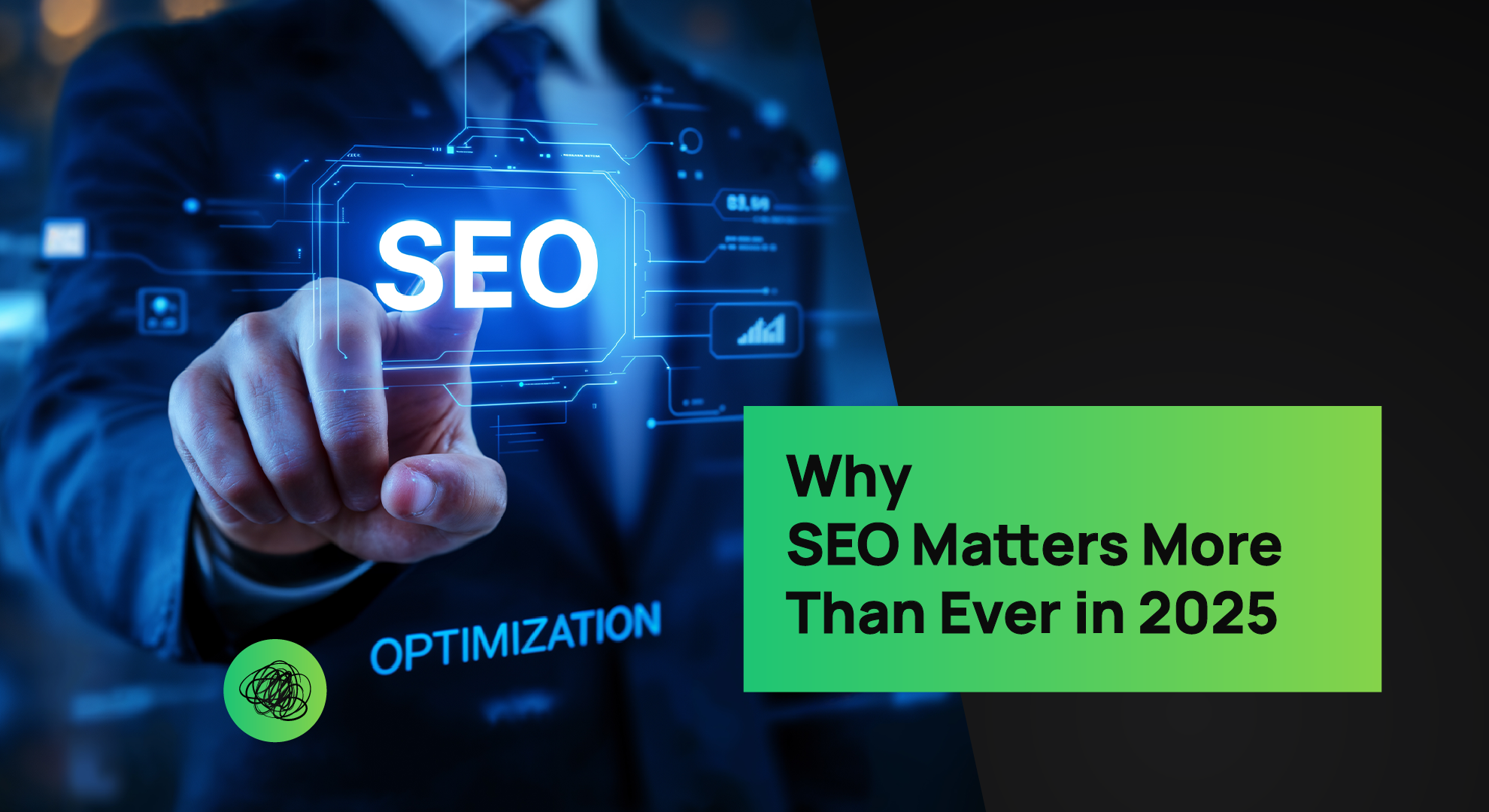 A professional hand touches a glowing digital interface displaying the word SEO, surrounded by virtual analytics icons. The headline reads “Why SEO Matters More Than Ever in 2025,” representing Thinkster’s forward-thinking approach to search optimization and digital growth.