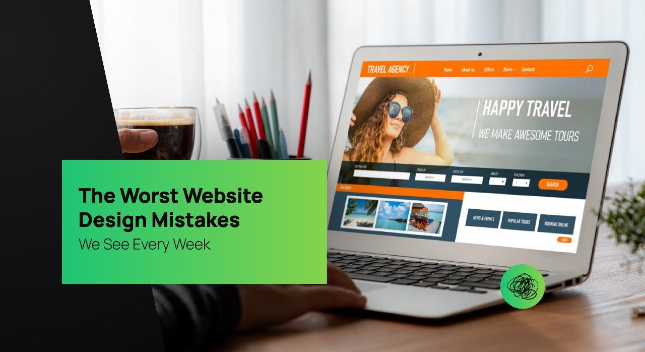 Person holding a coffee cup while browsing a travel agency website on a laptop, illustrating poor web design examples and common UI mistakes.