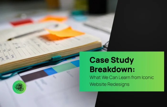 Open notebook with handwritten notes and colorful sticky tabs beside a website design layout — representing creative analysis, research, and strategy insights at Thinkster, a digital marketing and web design agency in India.