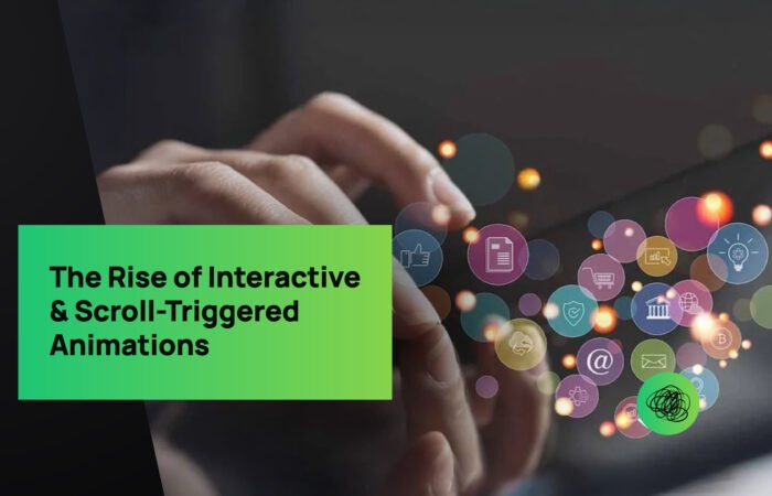Person interacting with a tablet surrounded by colorful digital icons — representing interactive, scroll-triggered animations and engaging web experiences.