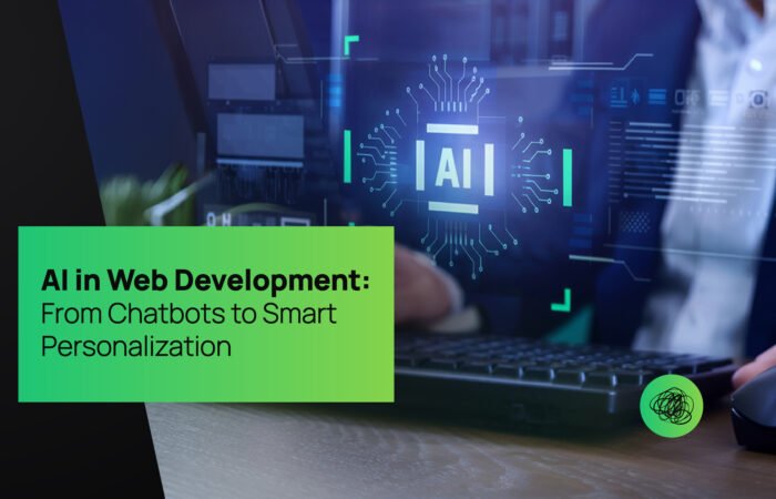 Professional working on computer with AI interface, showcasing the role of artificial intelligence in web development, chatbots, and smart personalization.